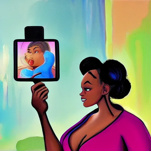 Image similar to stunning, coherent, beautiful painting, still of a beautiful black bbw woman in wal-mart taking a selfie of a creepy man is following her, 3d, in the style of pixar, comic book style, 3d, highly detailed, highly detailed, sharp focus, bokeh, depth of field, 16k resolution, Unreal Engine 5, coherent, cinematic lighting, photorealistic, by Zhang Jingna