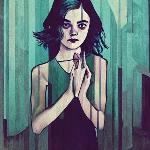 Image similar to Elle Fanning in Bates Motel picture by Sachin Teng, asymmetrical, dark vibes, Realistic Painting , Organic painting, Matte Painting, geometric shapes, hard edges, graffiti, street art:2 by Sachin Teng:4