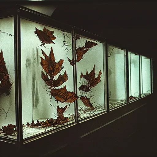 Image similar to spooky creepy liminal space, display case, aquatic exhibition science museum, dried cracked aquarium, covered in leaves, computer screens, photo taken on 1 9 8 0 s fujifilm superia