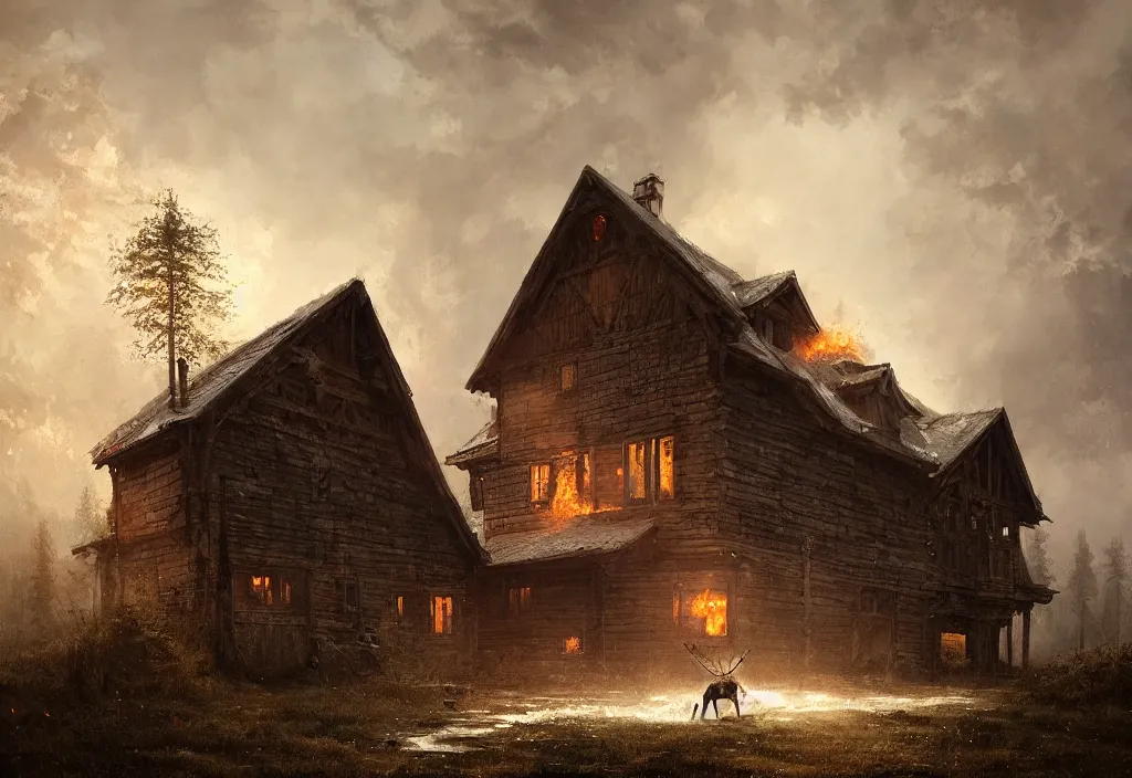 Image similar to a white wolf in front of a large burning timber house, artstation, jakub rozalski, high detail, dramatic lighting, night, rain