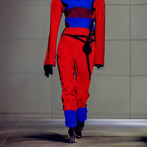 Prompt: dystopian fashion incorporating red white and blue, brutalist fashion show