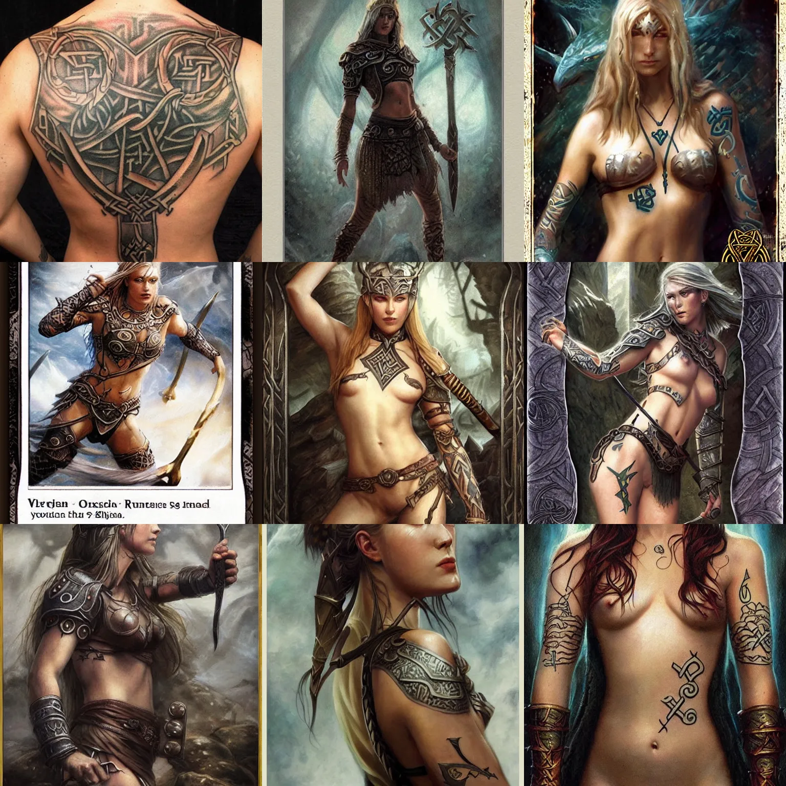 Prompt: norse viking runes tattoo on fair smooth skin fantasy magic the gathering card art livia prima