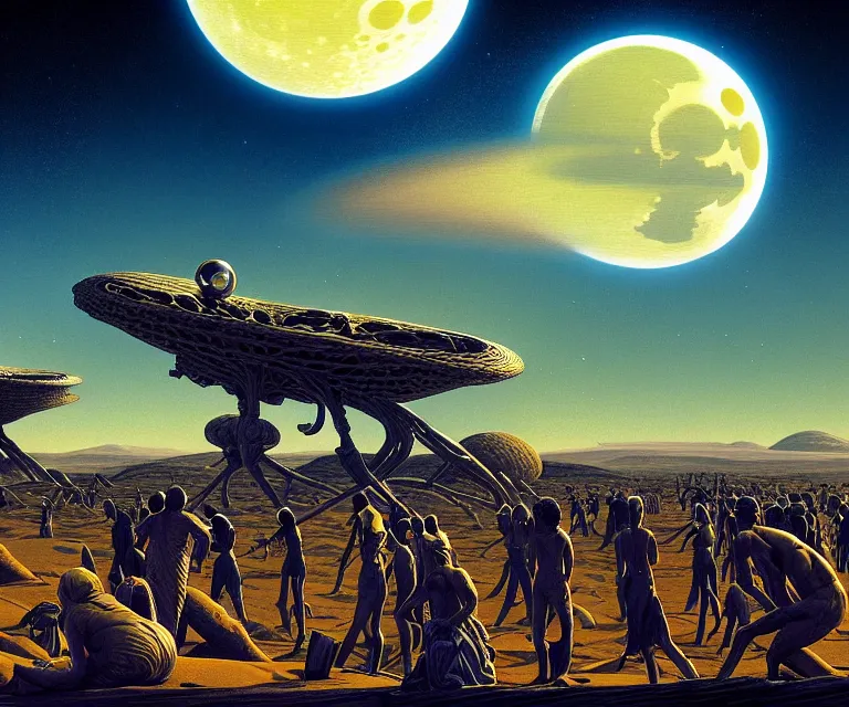 Prompt: hyper detailed 3d render like a Oil painting - people gather on a faraway planet to watch a rocket launch, large moon in the dramatic alien sky, futuristic science fiction vibe, by P. Craig Russell and Barry Windsor-Smith, Houdini algorithmic generative render, Abstract brush strokes, Masterpiece, Alfred Charles Parker, Edward Hopper, Wes Anderson, Rolf Armstrong, Tim Doyle, Greg Hildebrandt, Jeremiah Ketner, Tim Okamura, Osamu Tezuka, Tom Whalen, Chip Zdarsky, hints of Coles Phillips, octane render, 8k
