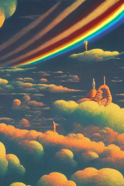 Image similar to a scifi apocalypse in space of a spiritual being dreaming psychedelic hallucinations in cosmos, rainbow colored clouds, by kawase hasui, moebius, Edward Hopper and James Gilleard, Zdzislaw Beksinski, Steven Outram, unreal engine, highly rendered, hd, 8k, artstation