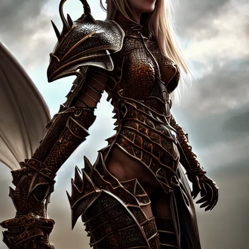 Image similar to highly detailed realistic stunning shot of a beautiful female anthropomorphic dragon knight, resting a detailed and engraved longsword over her armored shoulder, cloak flittering in the wind, high quality, HD octane render, epic cinematography, Artstation, Deviantart, Furaffinity