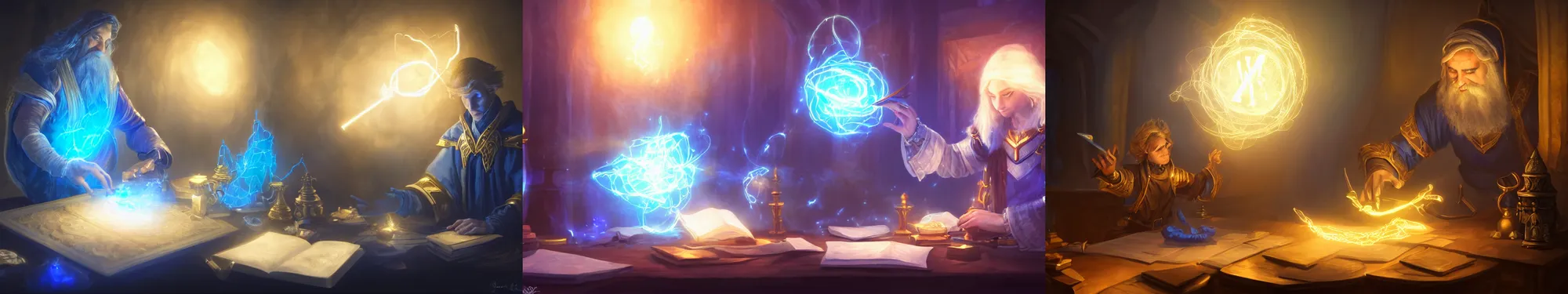 Prompt: A mage crafting a magical device on a desk. Magic, blue lighting, flux, gold, white clotles. High fantasy, digital painting, HD, 4k, detailed.