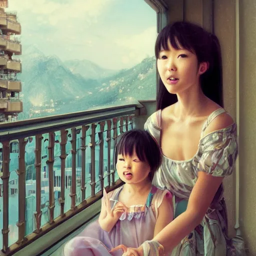 Image similar to Kotomi Ichinose Playing with her daughter on the balcony, professional modeling, looking down on the camera, detailed, centered, digital painting, artstation, concept art, donato giancola, Joseph Christian Leyendecker, WLOP, Boris Vallejo, Breathtaking, 8k resolution, extremely detailed, beautiful, establishing shot, artistic, hyperrealistic, beautiful face, octane render, cinematic lighting, dramatic lighting, masterpiece