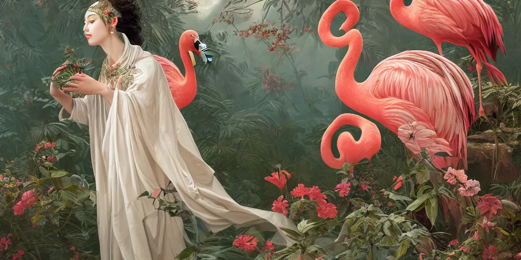 Image similar to breathtaking detailed concept art painting of the goddess of flamingo, orthodox saint, with anxious, piercing eyes, ornate background, amalgamation of leaves and flowers, by Hsiao-Ron Cheng and John James Audubon, extremely moody lighting, 8K