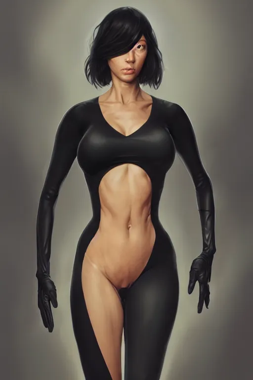 Prompt: a woman wearing a black skintight clothes, anatomy, only two hands, highly detailed, digital painting, artstation, concept art, smooth, sharp focus, illustration, Unreal Engine 5, 8K, art by art by artgerm and greg rutkowski and edgar maxence