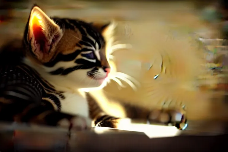 Prompt: sleeping kitten backlit!!! tv!!! shallow depth of field dark room