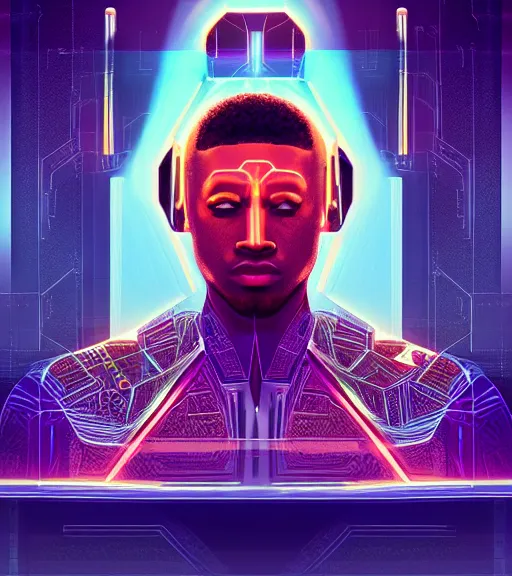 Image similar to symmetry!! egyptian prince of technology, solid cube of light, hard edges, product render retro - futuristic poster scifi, lasers and neon circuits, brown skin man egyptian prince, intricate, elegant, highly detailed, digital painting, artstation, concept art, smooth, sharp focus, illustration, dreamlike, art by artgerm