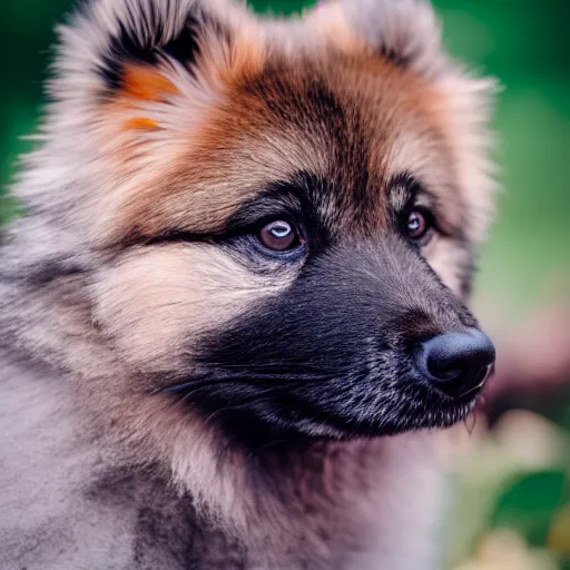 Image similar to a keeshond puppy sniffing a flower, sigma 8 5 mm f / 1. 4