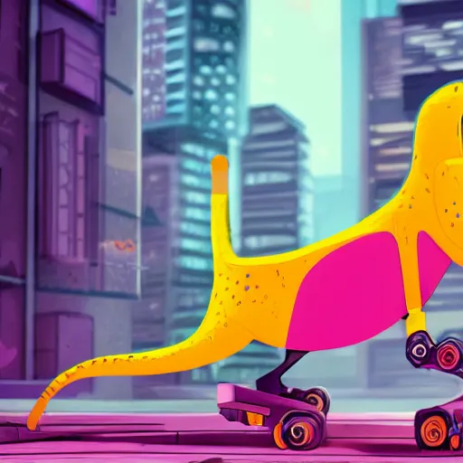 Prompt: a yellow dinosaur on a skateboard chasing a pink cat in a futuristic city, in the style of cyberpunk