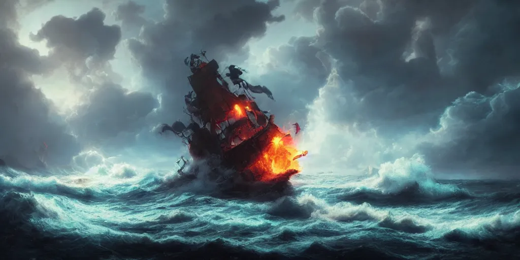 Image similar to photo of 8k ultra realistic ghost pirate ship on fire, swirling clouds and dramatic lighting, crashing waves, storm, lighting, full of colour, cinematic lighting, battered, trending on artstation, 4k, hyperrealistic, focused, extreme details,unreal engine 5, cinematic, masterpiece, art by Peter Mohrbacher