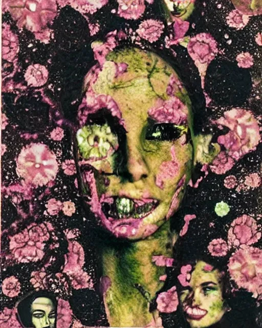 Prompt: nuclear annihilation, different women's faces, cut and paste collage, mutated flowers, burnt, soft glow, 1 9 8 0 s, hypnotized, gritty texture, radioactive, serene emotions