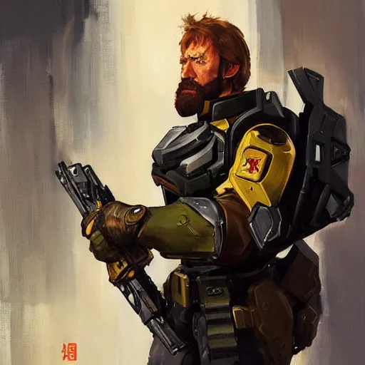 Image similar to greg manchess portrait painting of armored chuck norris as overwatch character, medium shot, asymmetrical, profile picture, organic painting, sunny day, matte painting, bold shapes, hard edges, street art, trending on artstation, by huang guangjian and gil elvgren and sachin teng