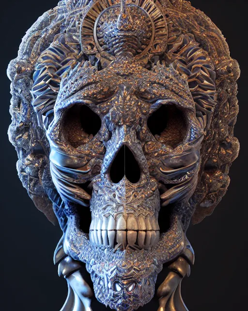 Image similar to 3 d ornate carved dark cosmic king with profile portrait, sigma 5 0 0 mm f / 5. beautiful intricate highly detailed quetzalcoatl skull. bioluminescent, plasma, lava, ice, water, wind, creature, thunderstorm! artwork by tooth wu and wlop and beeple and greg rutkowski, 8 k trending on artstation