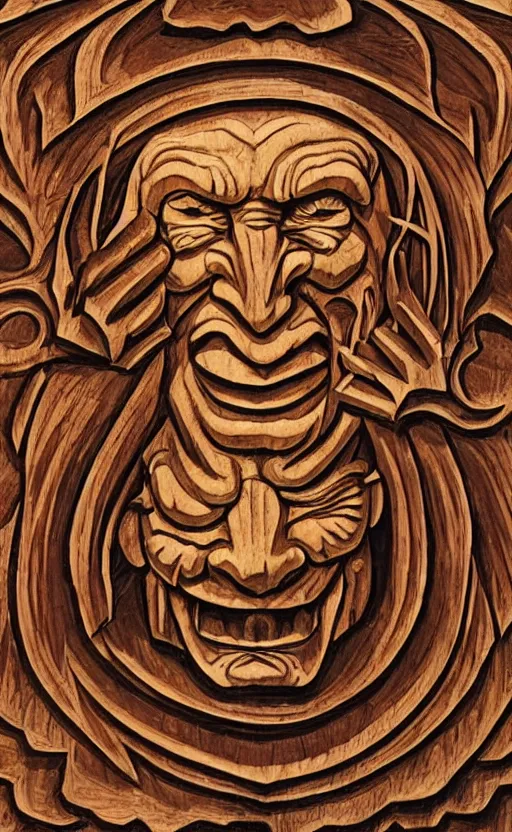 Prompt: an extremely detailed wood relief carving depicting a monstrous image of the jim varney, stylized sun, medieval, renaissance, manuscript, woodcut, in the style of albrecht durer, alchemical symbols