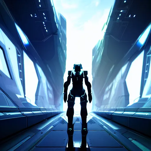 Image similar to cyberpunk halo character walking on a space bridge, close shot, reflection, epic, dramatic, cinematic, award winning, ultra detailed, realistic