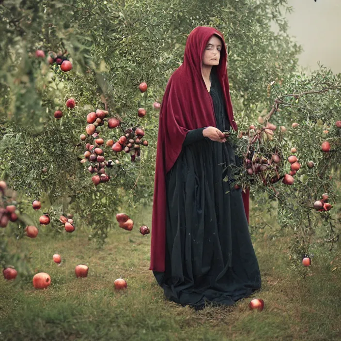 Image similar to a closeup portrait of a woman wearing a cloak made of tangled iridescent ribbon, picking pomegranates from a tree in an orchard, foggy, moody, photograph, by vincent desiderio, canon eos c 3 0 0, ƒ 1. 8, 3 5 mm, 8 k, medium - format print