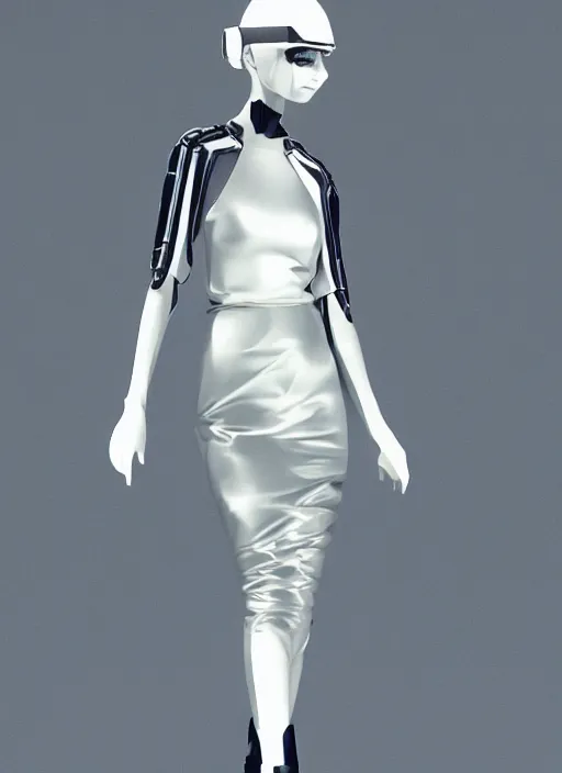 Image similar to an early 0 0's cyber digital portrait of a futuristic beautiful girl detailed features wearing a wedding dress with a puffy skirt utility - chic trend. lots of zippers, pockets, synthetic materials, jumpsuits. by balenciaga and issey miyake by ichiro tanida and armin vit