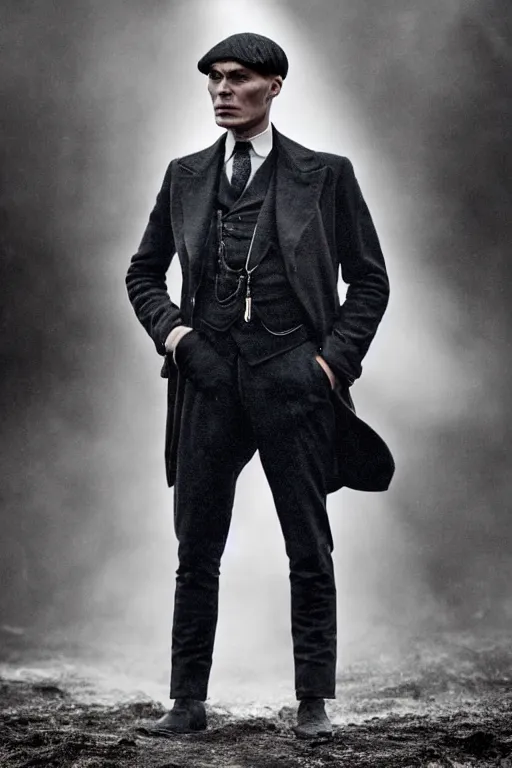 Image similar to Full-body portrait of Cillian Murphy in Peaky Blinders standing, arms crossed on chest, dramatic, gloomy, dark, bleak, cheerless, desolate, impressive, tragic, cinematic, dull colors, atmospheric