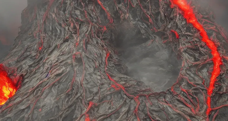 Image similar to a volcano made of ivory vines and crimson rocks enters in eruption, it spits a smoke in the shape of demonic eye, from Final fantasy