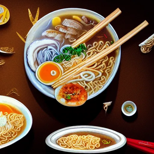 Image similar to a tiny man eating a gigantic bowl of ramen noodles, photorealistic, photograph