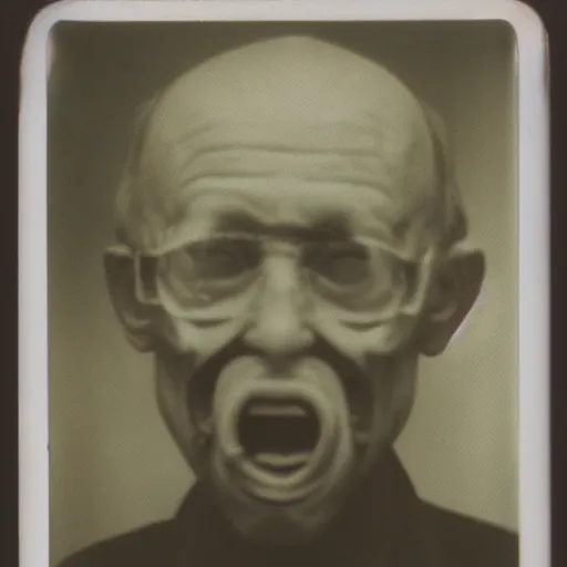 Image similar to a realistic polaroid photo of an old man after a failed experiment inside a laboratory, the head of the old man is deformed and dark, cosmic horror