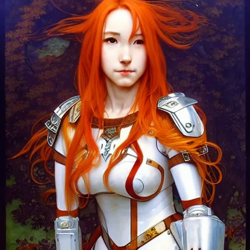 Image similar to Masterpiece head and shoulders portrait of Asuna Yuuki, young woman with orange hair wearing a partial paladin armor with a red skirt and white top, face, fantasy, intricate, elegant, highly detailed drawn by Donato Giancola and Fernanda Suarez and Artem Demura, face by Artgerm and Edmund Leighton, Alphonse Mucha, background by James Jean and Gustav Klimt, 4k, porcelain skin, komorebi, french nouveau, trending on pixiv, octane render, hyperrealistic