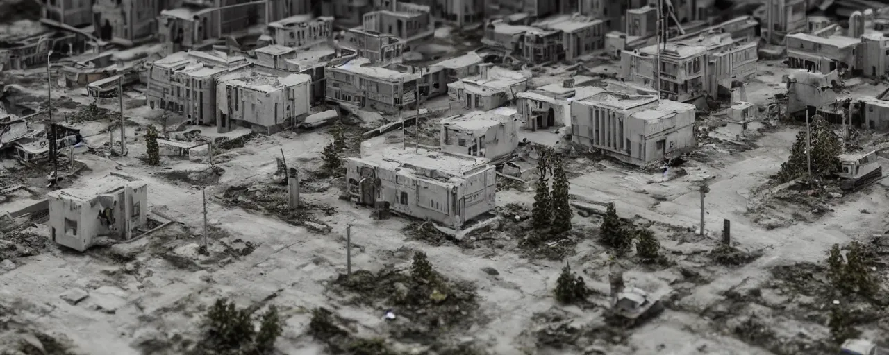 Image similar to mega detailed miniature voxel diorama abandoned nasa base, brutalism architecture, tilt shift suburban, hard lights are on in the windows, dark night, fog, winter, blizzard, uncozy and not peaceful atmosphere, row of street lamps with cold blue light, several ruins nearby, cold war era 1 9 6 0