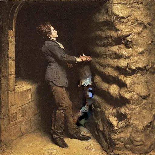 Image similar to young victorian man and woman solving a riddle carved into a stonewall in a dungeon, by alfred stevens