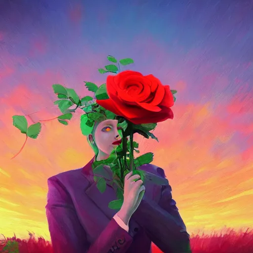 Image similar to portrait, giant rose flower head, girl dancing in a suit, surreal photography, sunrise, blue sky, dramatic light, impressionist painting, digital painting, artstation, simon stalenhag