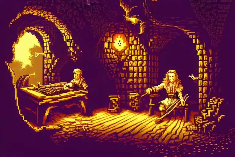 Image similar to the bard's tale, beautiful detailed pixelart by albertov, intricate details, beautiful, dithered gradients, volumetric lighting, cgsociety, artstation, smooth, sharp focus, 2 d illustration, amazing art by dan mumford, old school computer game graphics, pixel art