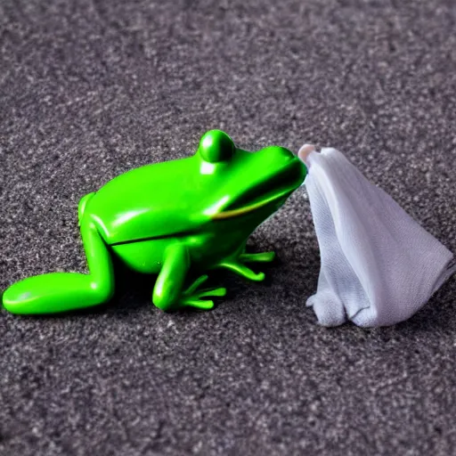 Image similar to plastic toy frog cleaning up the laundromat, pastel colors