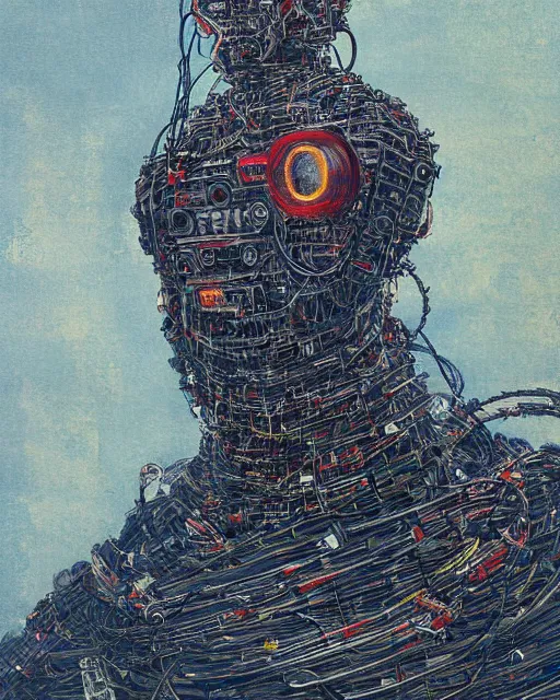 Image similar to Kuniyoshi portrait of a robot saint made of cables and robotic pod by greg rutkowski