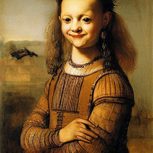 Prompt: portrait of a crocodile girl looking at the viewer, crocodile face, crocodile head, smiling, classical painting, rembrandt, high quality, high detail