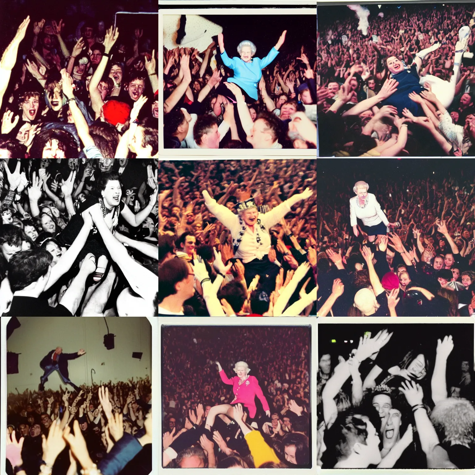 Prompt: queen elizabeth crowdsurfing in a moshpit, 1 9 9 0 s polaroid photo