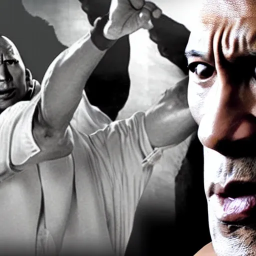 Image similar to film still of dwayne johnson as ip man, pose wing chun style