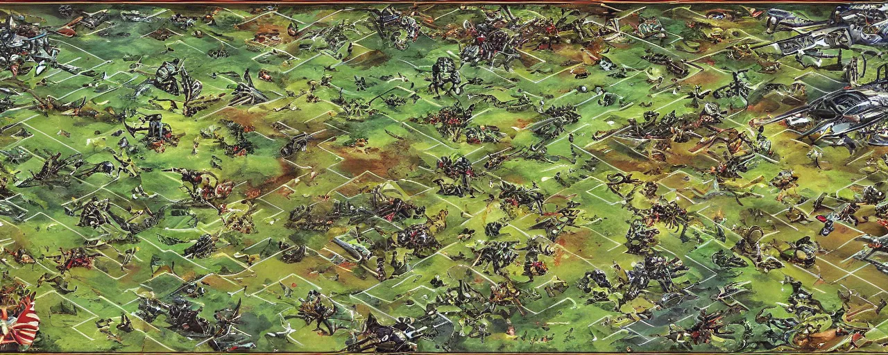 Image similar to childen's art of a battle field, detailed