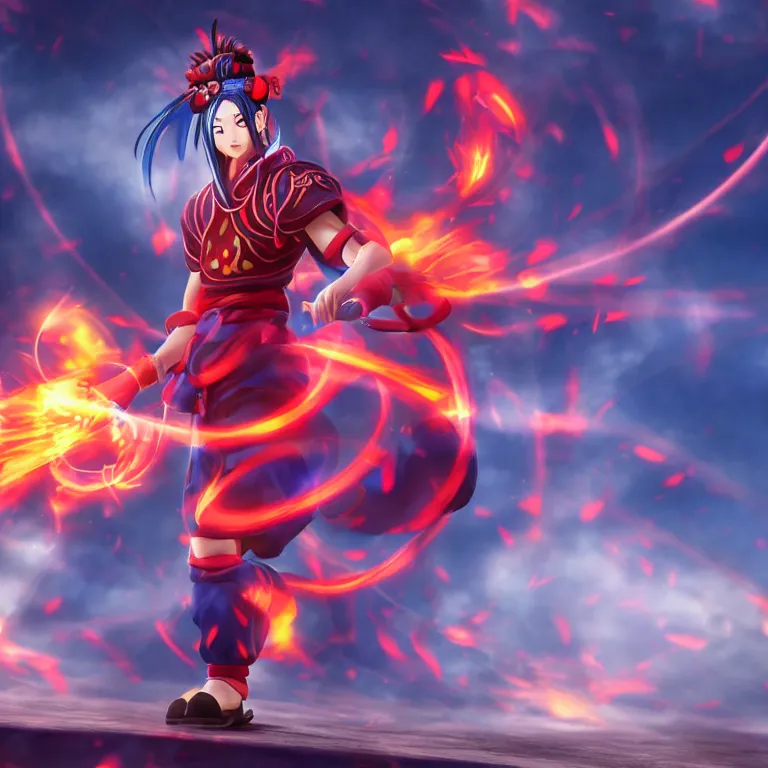 Prompt: ne zha keeps his hands together, an anime character, chinese mythological character, full body, red flame background, 8 k