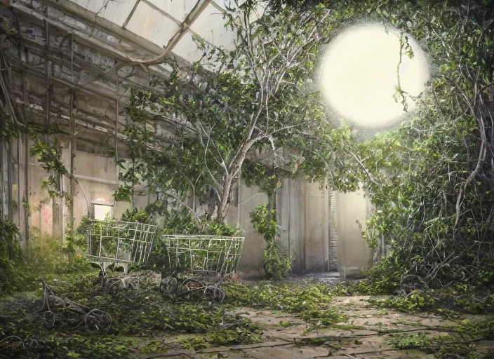 Image similar to trees growing in an abandoned shopping mall, overgrown by flower, vines, at night, overgrown shopping carts, full moon, hyperrealistic, highly detailed, oil painting, intricate, cgsociety, artstation, 8 k, cinematic, muted colors, soft lighting, smooth, sharp focus