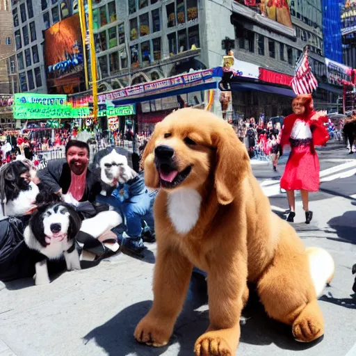 Prompt: a giant puppy parade through New York City Time's Square