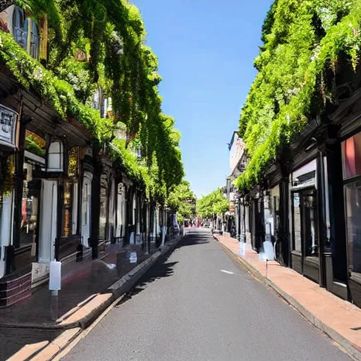 Prompt: a row of shops on main street, with the entire road surface covered in ivy