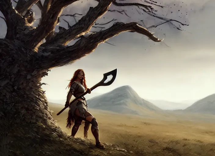 Image similar to a warrior, female, she carries an axe, the axe is resting on her shoulder, she is grabbing a nearby tree, looking onto the horizon, a big wolf is next to her, fall, mountain landscape, portrait by magali villeneuve and ames jean and artgerm and greg rutkowski, 4 k, artstation, realistic, cinematic composition, d & d