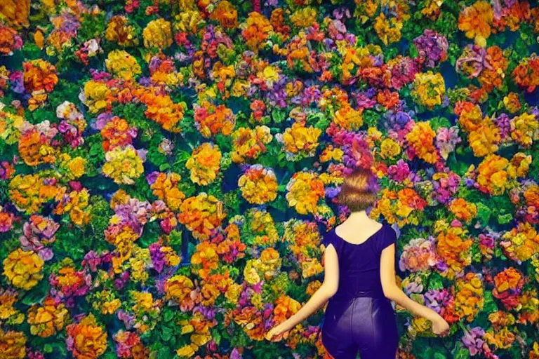 Image similar to giant flower head, girl walking in hotel, surreal, symmetry, flat space, fanciful, colourful, detailed, wes anderson