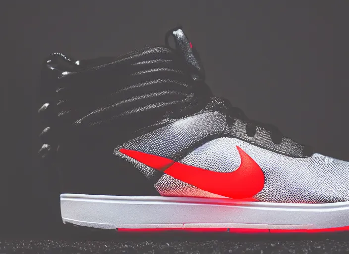 Prompt: product still of Darth Vader signature Nikes, metallic black with white stripes and a glowing red swoosh, 85mm f1.8