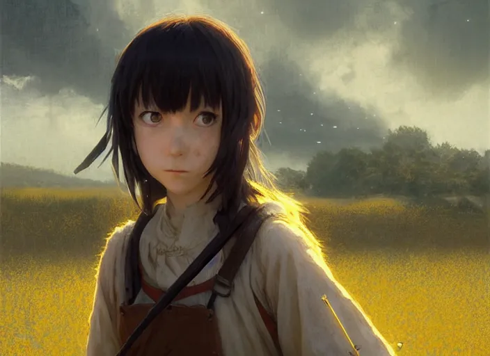 Image similar to lain iwakura lain as medieval peasant working in the field wiping off sweat yellow hairclip sparkling amber cute eyes wonderful masterpiece highly detailed scifi, beautiful cinematic light deep focus, elegant, digital painting, smooth, sharp focus, golden ratio, dramatic illumination, ultra realistic, 4 k, art by greg rutkowski wlop rossdraws