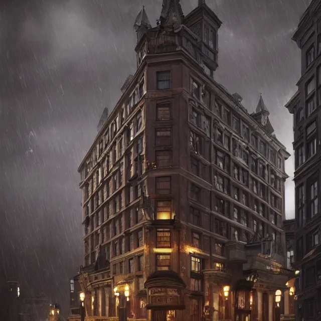 Image similar to action scene painting of a 1 9 2 0 s gothic style hotel in downtown boston, overlooking a dark street, architectural, atmospheric lighting, brooding, painted, intricate, ultra detailed, well composed, best on artstation, cgsociety, epic, horror, stunning, gorgeous, intricate detail, much wow, masterpiece, cinematic aesthetic octane render, 8 k hd resolution,