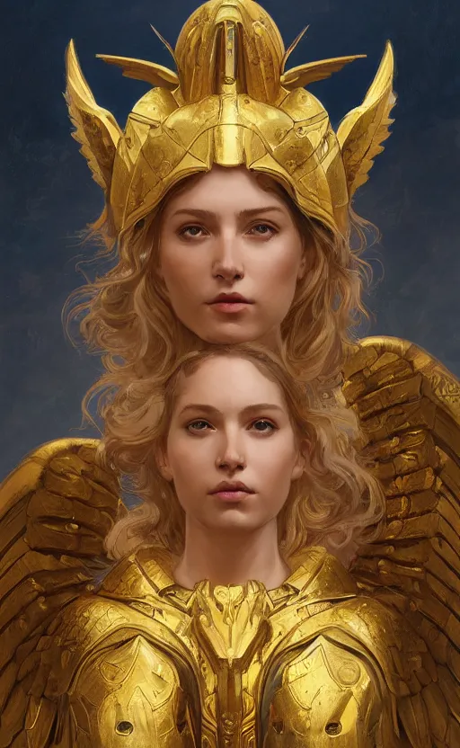 Image similar to Portrait of an archangel with golden wings, heavy armor and helmet, confident, heaven background, intricate, headshot, highly detailed, digital painting, artstation, concept art, sharp focus, cinematic lighting, illustration, art by artgerm and greg rutkowski, alphonse mucha, cgsociety